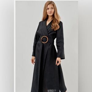 SLEEPER Womens Black Tie Long Sleeve Midi Cocktail Wrap linen Dress size 2